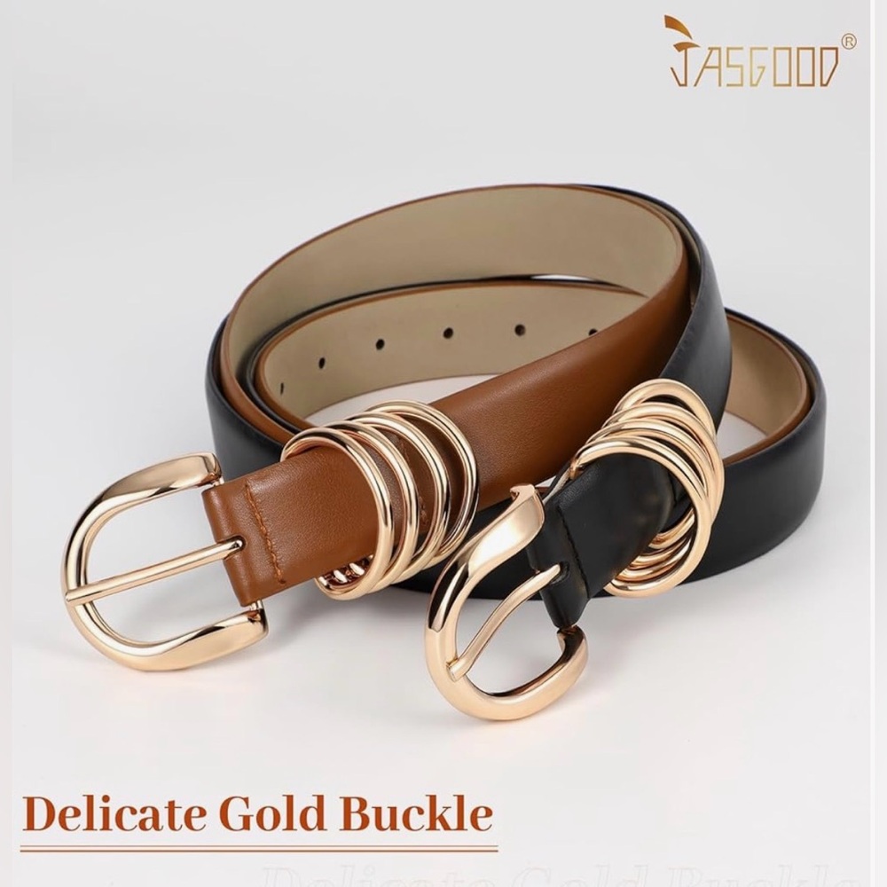 2 Pack Stylish Black and Brown Belts  Gold Buckles Large Fits Waist 31-35” NWT - Picture 4 of 6